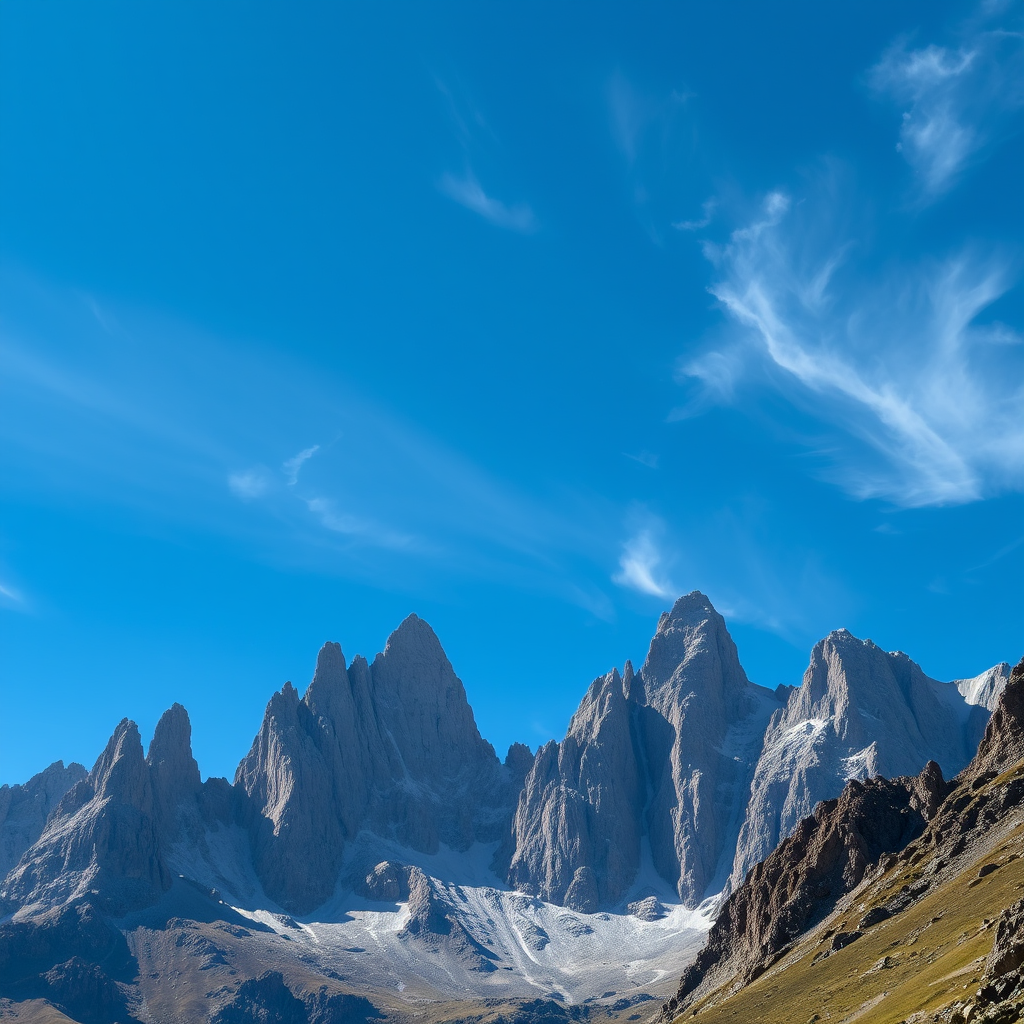 Capture a high-resolution image of a rugged mountain landscape under a clear blue sky with wispy clouds, using a DSLR camera with a 24mm lens at f/8, ISO 100, and a shutter speed of 1/200s, from a low angle to emphasize the towering peaks.