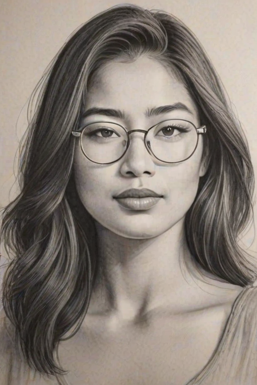 Alluring Jessica Gomes, pencil sketch, portrait of Enticing woman 1935s in glasses, hair style beatnik, outline, clear lines, fine lines, 8k