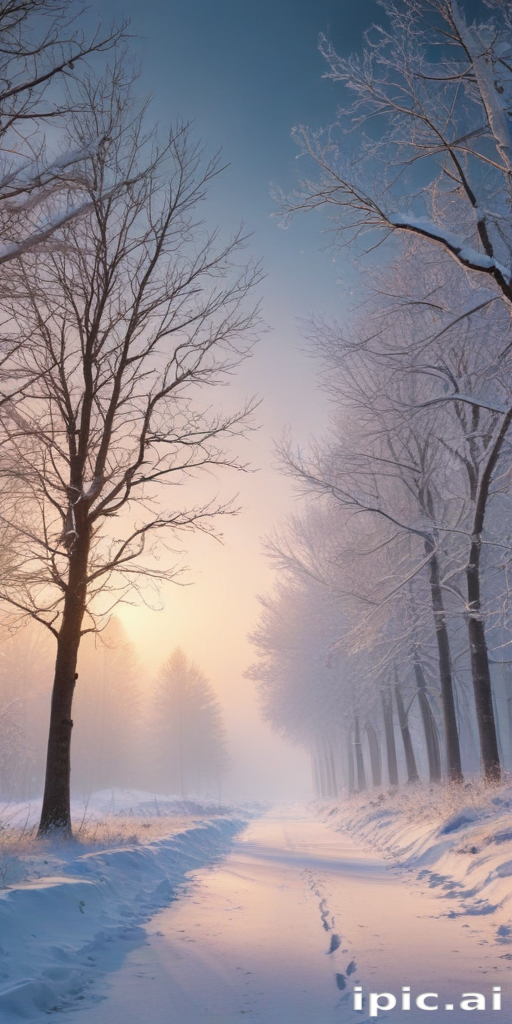 Serene Winter Landscape with Snow-Covered Trees and Soft Sunrise Glow
