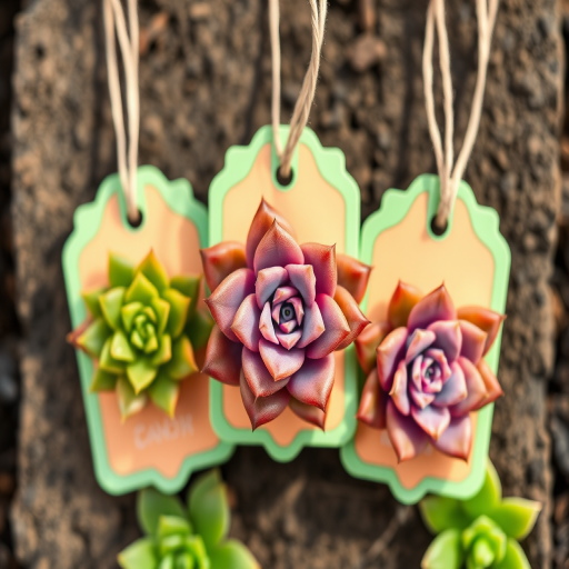 Create an image of three stylized succulent plant tags with soft green outlines, using a Canon EOS 5D Mark IV with a 50mm f/1.8 lens, aperture f/4, ISO 100, and shoot from a top-down view in natural light, focusing on vibrant colors and intricate details.