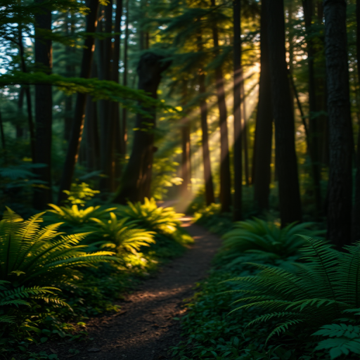 lush forest pathway with sunlight streaming through the trees, ferns lining the path, vibrant greenery, soft focus on the background for depth, ISO 100, f/4 aperture, 50mm lens, DSLR camera, golden hour lighting