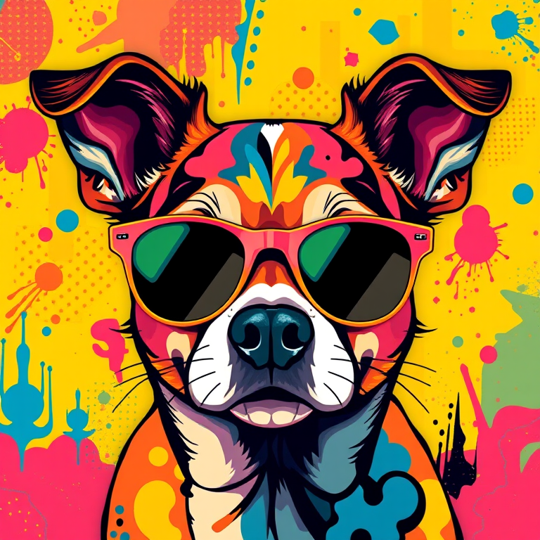 Create a vibrant digital illustration of a dog wearing sunglasses, featuring bold, colorful patterns and abstract shapes, with sharp details and high contrast, using a Canon EOS R5 camera, 50mm lens, f/1.8 aperture, ISO 100, and a shallow depth of field.