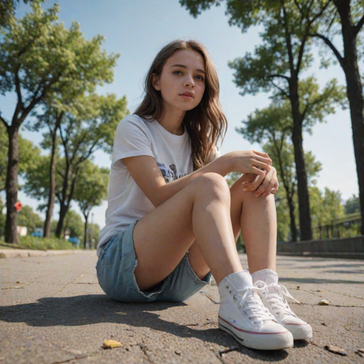 Generate an ultra-realistic, highly detailed, high-definition photograph. It's a photo of a girl sitting on the floor. She's looking at the horizon. The photo is taken from the bottom up, at ground level. The girl's sneakers are in the foreground, in the center of the scene. The girl is wearing light clothes, a t-shirt and short shorts. The sky is blue. Bright environment. The background is a blurred image of a park.