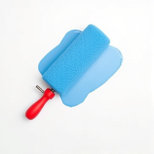 Create a high-resolution image of a blue paint roller with a bright red handle positioned against a clean white background, capturing a close-up view, using a DSLR camera with a 50mm lens, aperture f/2.8, ISO 100, and natural lighting to enhance color vibrancy and texture detail.
