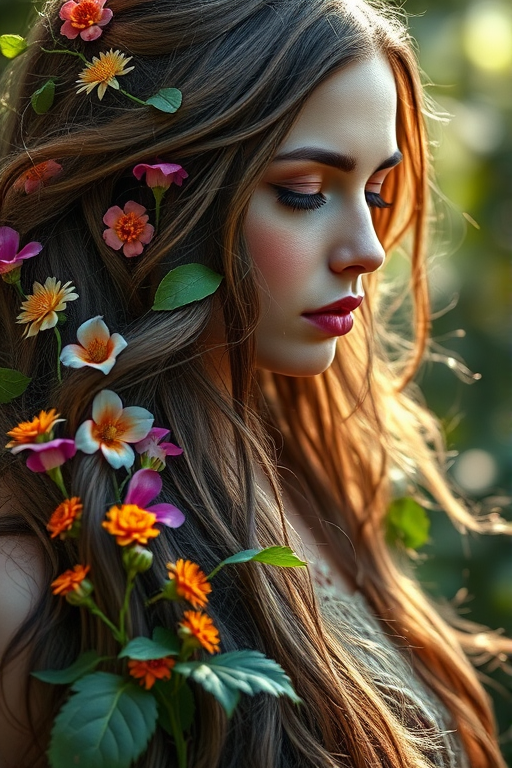 Create a highly detailed portrait of a mystical woman with long flowing hair intertwined with flowers and leaves, emphasizing ethereal beauty and a connection to nature, shot with a Canon EOS R5, 85mm lens, aperture f/1.2, ISO 100, in soft natural light to enhance vibrant colors and depth.