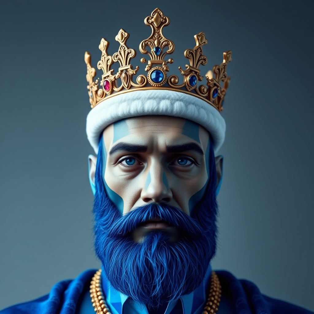 Create a high-resolution portrait of a regal blue king with a crown, styled in a geometric, crystal-like design, focused with a 50mm lens at f/1.8, in a softbox studio setting to enhance the contrast and colors, using a DSLR camera.