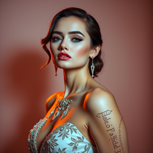 Studio portrait, female model, elegant couture dress, bold makeup, dramatic lighting, Utilize a 50mm portrait lens for crisp details and a soft background blur, 8k