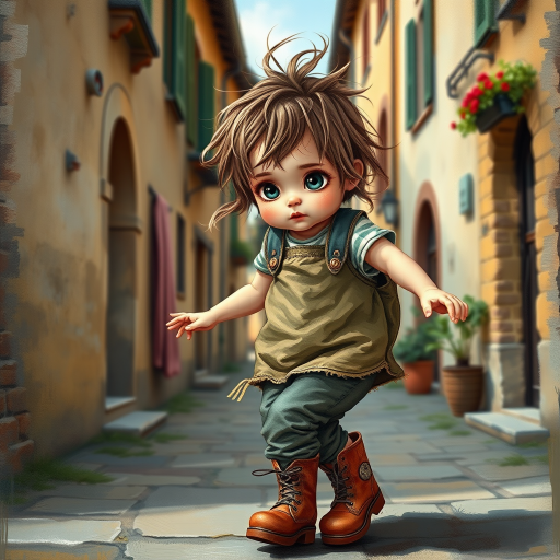 Whimsical little 3-year-old girl wearing scruffy tomboy clothes, boots, messy hair heavily blushed cheeks, pink lips, closely dancing in the street of an Italian village,Textured painterly fantasy artistic mixed media