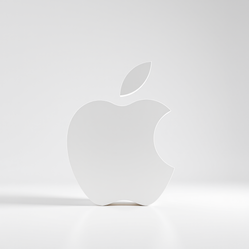 Create a highly detailed 3D rendering of a stylized apple logo with a bite taken out, set against a clean white background, using a Canon EOS R5 camera with a 50mm f/1.2 lens, aperture set to f/2.8, ISO 100, and a soft box lighting setup to enhance reflections and shadows for depth.