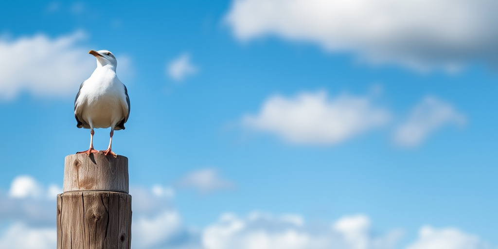 a seagull standing on a wooden post against a blue sky with clouds, focus on the bird, shallow depth of field, shot with a DSLR camera at f/2.8, ISO 100, shutter speed 1/500s, natural lighting, taken from a low angle for dramatic effect