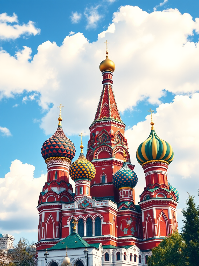 A vibrant illustration of St. Basil's Cathedral in Moscow with intricate details, bright colors on the domes, a blue sky background with fluffy clouds, captured in high-resolution; camera settings: ISO 100, f/8, 1/250 sec; camera view: wide-angle; camera style: artistic; camera type: digital SLR.