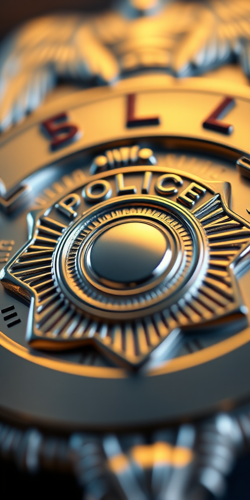 Create a high-quality image of a police badge with a polished metallic finish, in a close-up view using a DSLR camera, aperture set to f/2.8 for a shallow depth of field, ISO 100 for minimal noise, and a 50mm lens to capture intricate details.