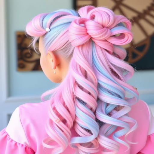Whimsical image features Cotton Candy Dream hair, a playful mix of pastel pink and baby blue hues, styled in a high ponytail with spiral curls and candy-inspired hair clips