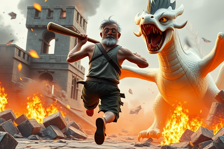Cartoon 3D High-Resolution,dynamic battle scene using Unreal Engine 5 and Octane Render. The scene features back of an elderly, thai man with a beard,messy hair and round golden-rimmed glasses. He is wearing a tattered tank top with soot marks, shorts, and sandals. sweating. he wields a baseball bat. He jump to fight with a white fire-breathing Europe dragon amidst a partially destroyed stone castle. Include intense flames, smoke, and debris to enhance the dramatic effect.