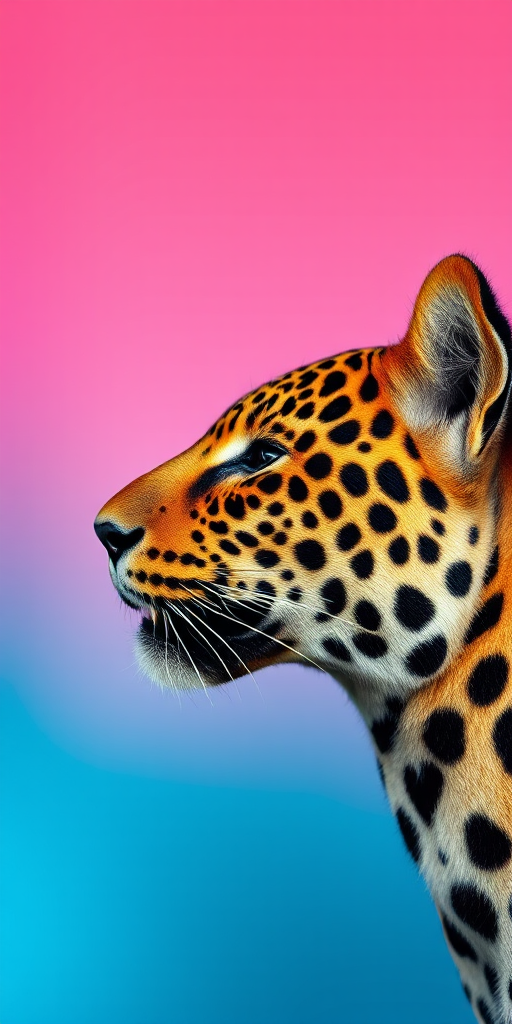 Create a vibrant leopard print pattern with a gradient background transitioning from pink to blue, using a Canon EOS R5, 50mm lens, f/2.8 aperture, ISO 100, and soft natural lighting to enhance color saturation and texture depth.