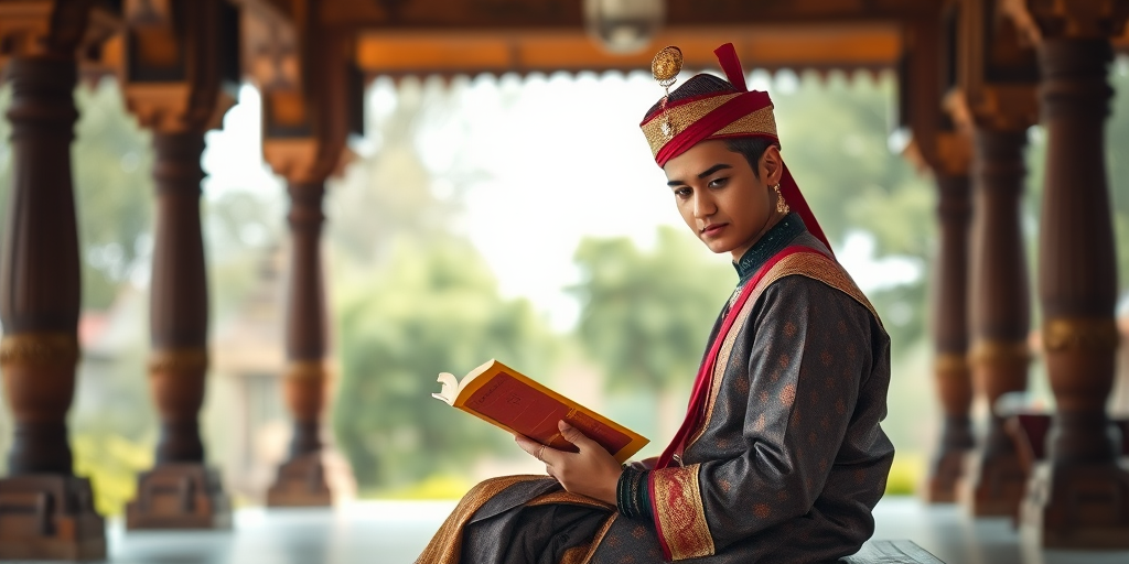 Regenerate the image of a person in traditional attire sitting in a pavilion reading a book, using a Canon EOS R5 with a 50mm f/1.2 lens, aperture set to f/2.8, ISO 200, natural lighting, capturing at eye level, with a shallow depth of field for enhanced focus on the subject and a soft bokeh background.