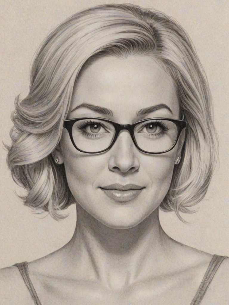 Splendid Kellie Pickler, pencil sketch, portrait of Magnificent woman 1957s in glasses, hair style beatnik, outline, clear lines, fine lines, 8k