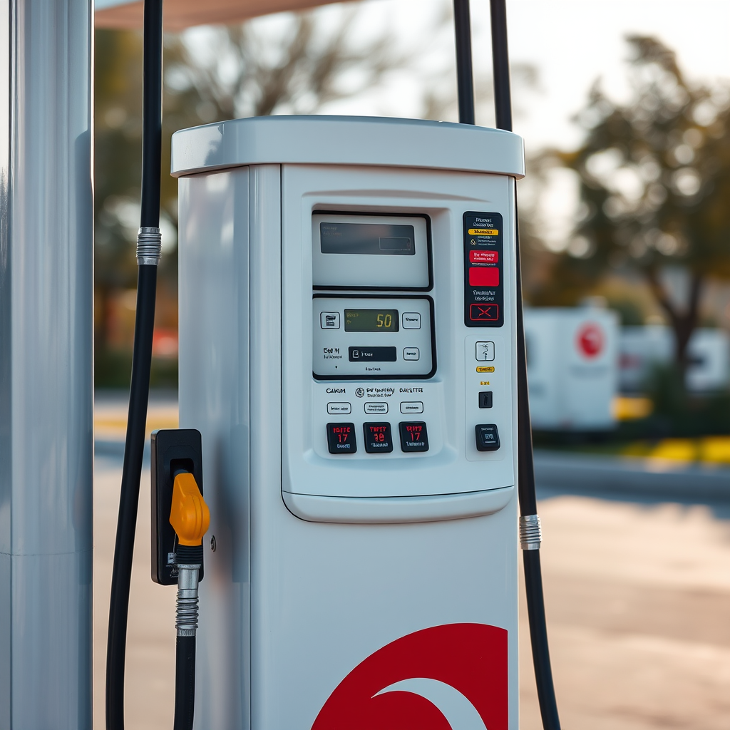 Create a high-resolution image of a fuel pump with a clean design, using a Canon EOS 5D Mark IV at f/8, ISO 100, focusing on a medium shot with natural lighting for clarity and detail.