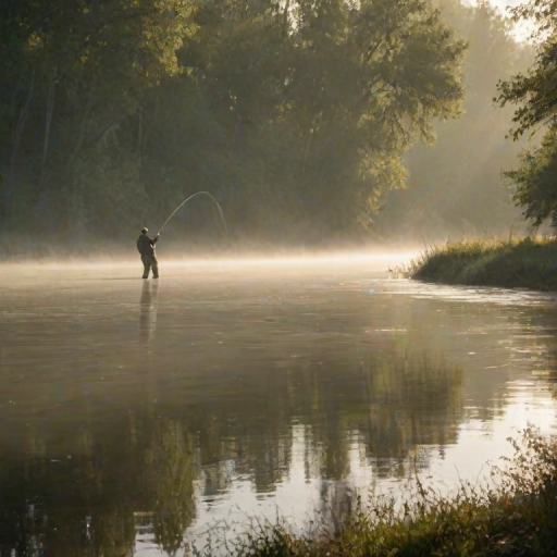 Sharp, early morning shot of a fisherman standing by a river, casting a line into the water, mist rising from the surface, soft sunlight glinting off the ripples, trees lining the banks, the distant sound of birds chirping in the stillness.