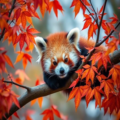 A red panda resting on a branch surrounded by vibrant autumn leaves, captured with a Canon EOS R5, 85mm f/1.2 lens, f/2.8 aperture, ISO 100, natural light in a close-up depth of field for enhanced detail and color saturation.