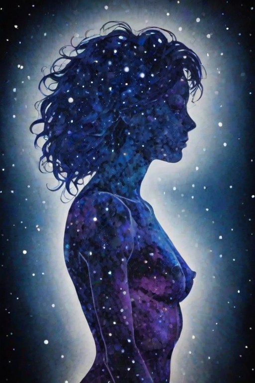 Captivating conceptual render alcohol ink art, double exposure, the paint strokes artfully merge combining a woman's full silhouette with a Xenial xenops's silhouette. The figures are composed of a series of colored dots, lines & spots that evoke the image of a cosmic galaxy, colors are deep shades of blue purple & black with flashes of white & silver representing distant stars. The woman's silhouette is formed within the lion's silhouette from constellations of scattered stars, surreal