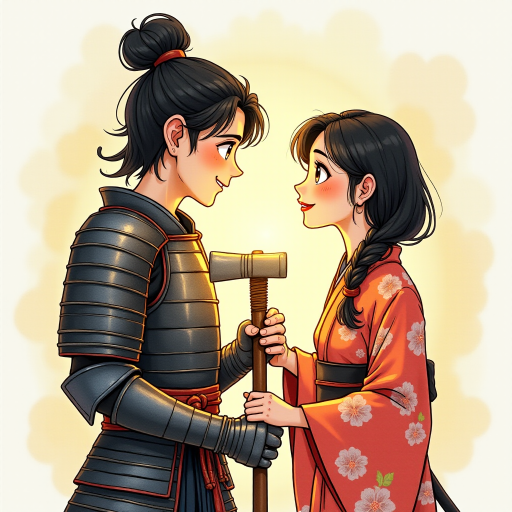 A watercolor and ink-painted, detailed line drawing of a young samurai in armor with black hair, clean-shaven, big eyes, and a large smile, standing next to a beautiful woman in a kimono. Both are holding the shaft of a warhammer together, with the head of the warhammer now adjusted to the proper size. They are the same height and look at each other with affection. The samurai is glowing with a yellowish aura, radiating warmth. The scene has a whimsical, adventurous feel in a Disney-Pixar aesthetic, with soft watercolor tones, intricate ink details, and a magical, cinematic atmosphere