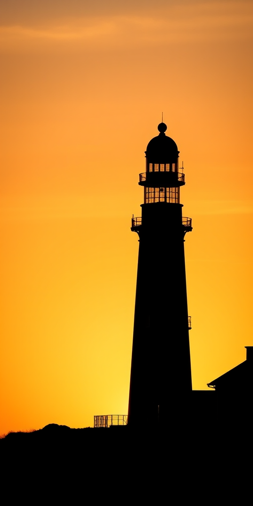 Create a high-resolution image of a lighthouse silhouette against a sunset, with a focal length of 50mm, aperture set to f/8, ISO 100, shot from a low angle to emphasize height, using a DSLR camera for clarity and depth.