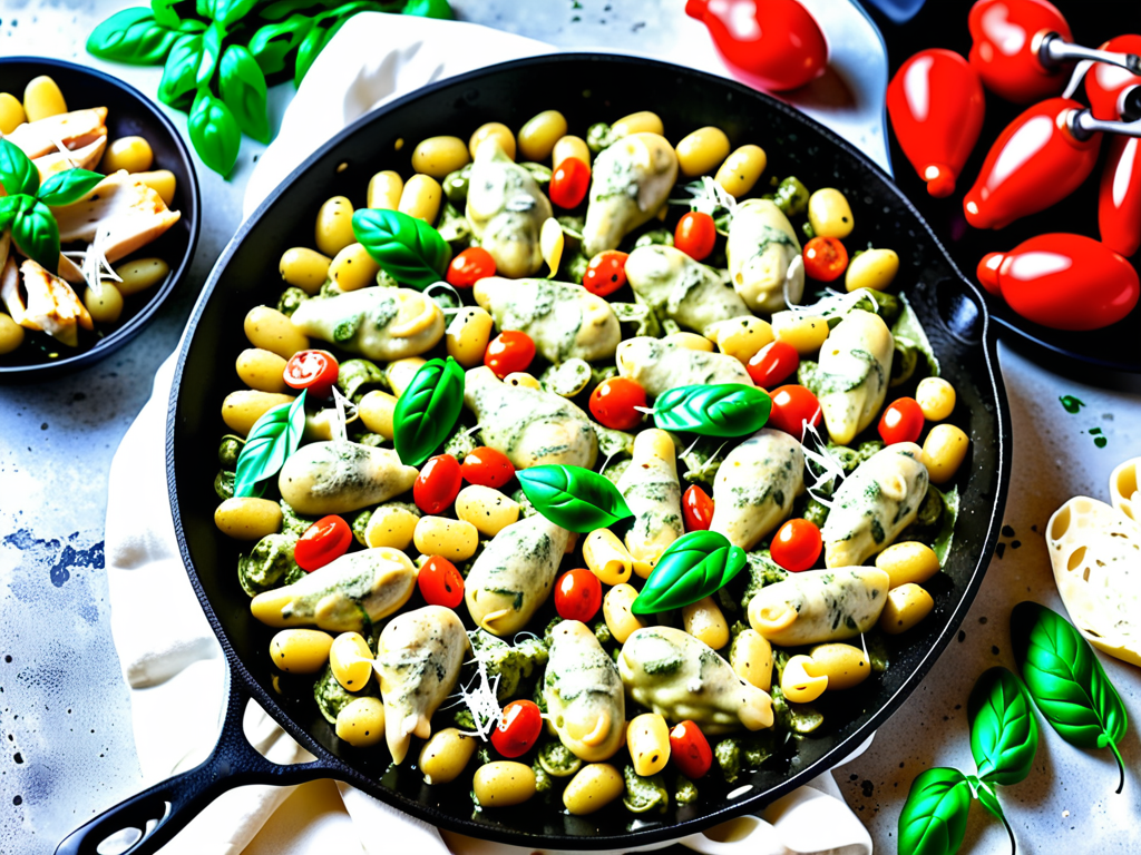creamy pesto baked gnocchi & chicken skillet