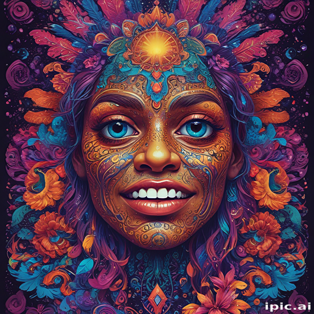 Vibrant Portrait of a Woman Surrounded by Colorful Floral Patterns and ...