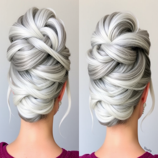 Elegant silver fox updo known as "Mercury Twist" showcasing a sophisticated blend of platinum and gray tones, styled into an intricate knotted bun with loose tendrils