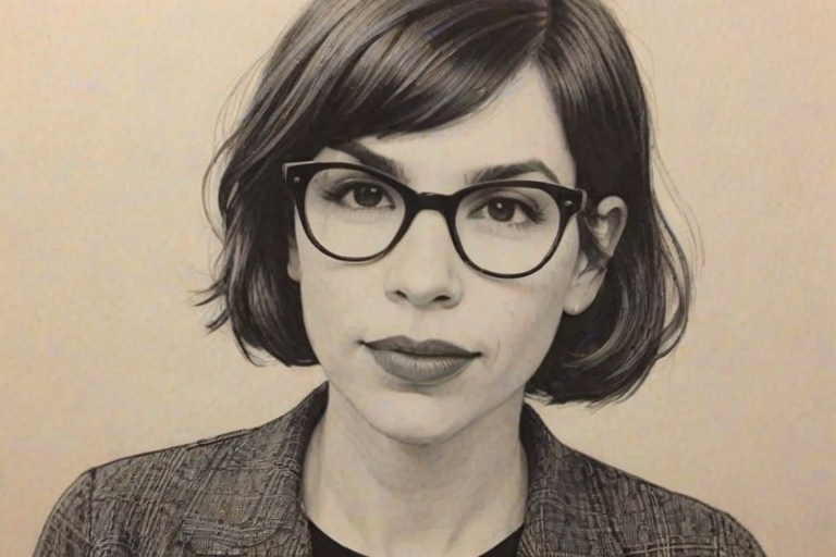 Wonderful Carrie Brownstein, pencil sketch, portrait of Magnificent woman 1958s in glasses, hair style beatnik, outline, clear lines, fine lines, 8k