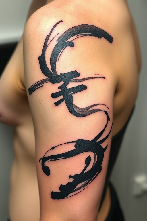 Brush stroke tattoo called "Zen Calligraphy" featuring fluid, expressive lines resembling traditional Japanese sumi-e paintings, with varying ink densities and organic shapes creating a sense of movement and balance