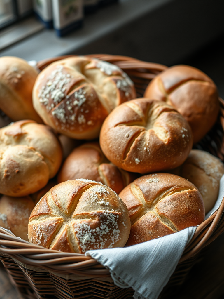A basket filled with a variety of fresh, warm bread rolls, captured in natural light with a shallow depth of field, using a Canon EOS R5 with a 50mm lens at f/2.8, ISO 100, and 1/125s shutter speed.