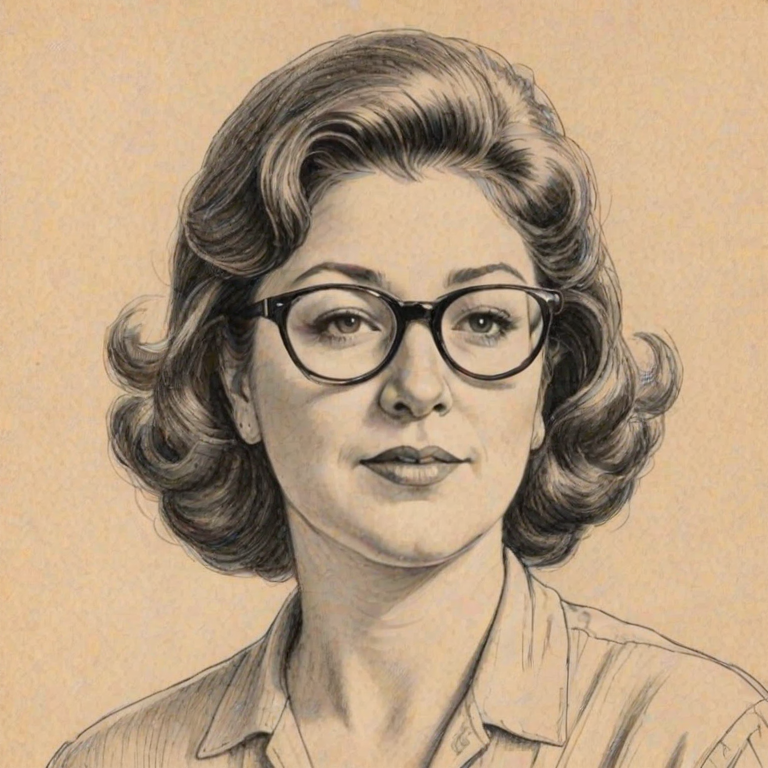 Appealing Margo Martindale, pencil sketch, portrait of Enticing woman 1954s in glasses, hair style beatnik, outline, clear lines, fine lines, 8k