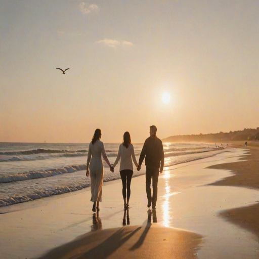 Warmly lit image of a couple walking hand-in-hand along a beach at sunset, soft glow from the fading light casting long shadows, with distant seagulls flying overhead and waves gently crashing against the shore.