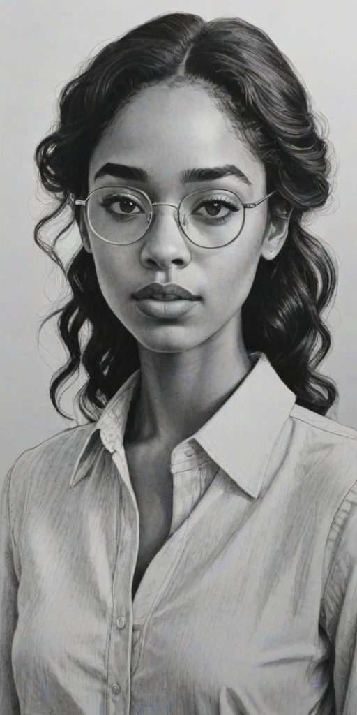 Gorgeous Laura Harrier, pencil sketch, portrait of Appealing woman 1969s in glasses, hair style beatnik, outline, clear lines, fine lines, 8k