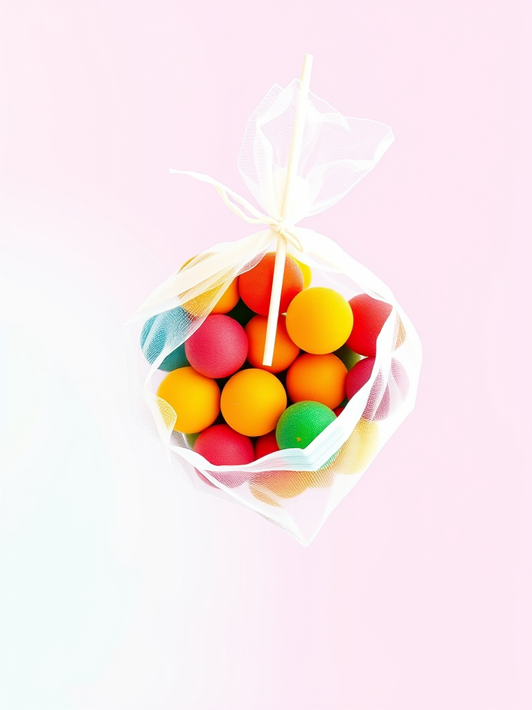 Create a vibrant illustration of a bag tied with a white chopstick, filled with round balls, using a DSLR camera with a focal length of 50mm, aperture set to f/2.8, ISO 100, in a bright natural light setting, shot from a top-down perspective.