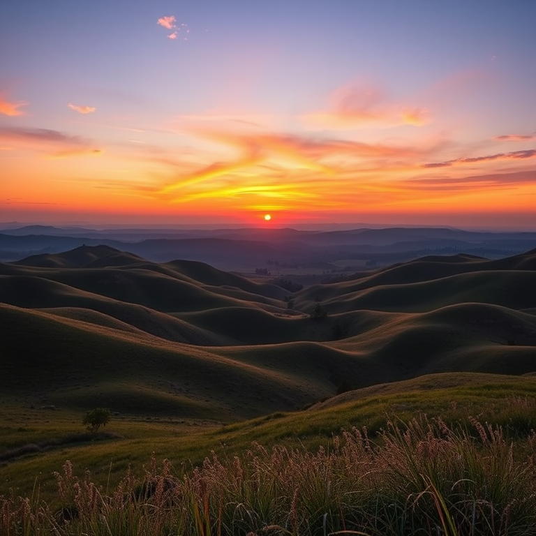 Generate a high-resolution image of a serene landscape featuring rolling hills and a vibrant sunset, shot with a Canon EOS R5, 24mm lens, f/8 aperture, ISO 100, at a golden hour for optimal lighting and colors.