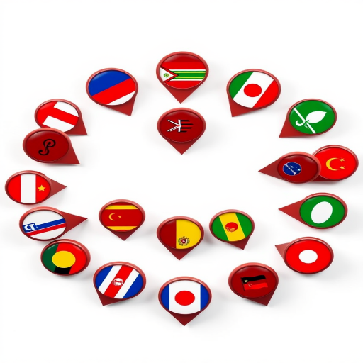 Create an image of round location pins with various country flags displayed in the center, featuring a clean white background, using a high-resolution setting of 300 DPI, captured from a top-down view with a DSLR camera, aperture set to f/8 for sharpness, and a wide-angle lens to capture all details effectively.