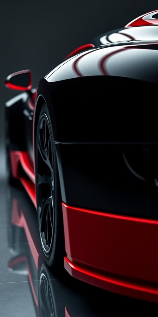 Create a hyper-realistic image of a black and red Bugatti Veyron, shot with a Canon EOS R5 at f/8, ISO 100, and 1/200 sec, using a low-angle perspective and soft studio lighting to enhance reflections and details.