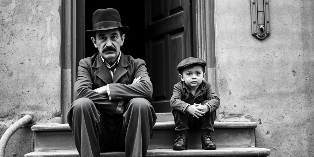 A black-and-white photograph of a man and a child sitting on steps in front of a doorway. The man is dressed as a tramp with a bowler hat, mustache, and ragged clothes, reminiscent of Charlie Chaplin's iconic look. He is sitting with his arms crossed and an expression of slight sadness or frustration. Next to him is a young boy, also in worn clothes and a cap, sitting with his hands clasped, looking thoughtful. The background is an old, textured wall and a partially open door, creating a vintage, early 20th-century atmosphere.