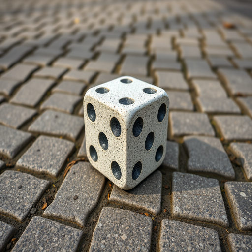 High-resolution image of a large stone dice on a textured pavement, captured from a low angle with a 50mm lens, aperture f/2.8, shutter speed 1/200s, ISO 100, natural daylight.