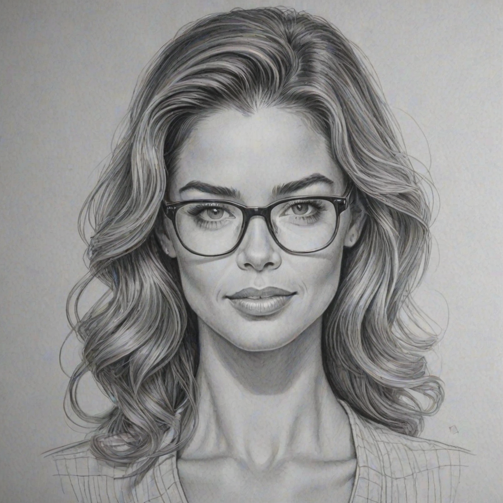 Bewitching Denise Richards, pencil sketch, portrait of Delightful woman 1937s in glasses, hair style beatnik, outline, clear lines, fine lines, 8k
