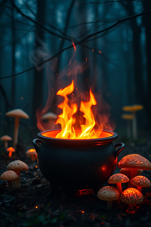 A mystical cauldron bubbling with vibrant flames in a misty forest surrounded by glowing mushrooms and sparkling lights, captured with a Canon EOS R5, 50mm lens, f/1.8 aperture, ISO 200, soft focus background, twilight setting for an enchanting atmosphere.