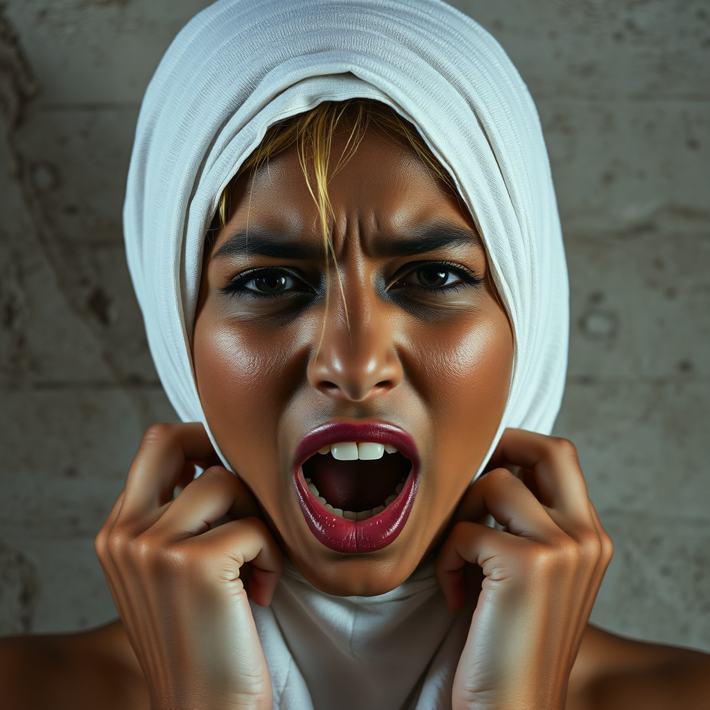 Create a close-up photographic image of a Indo-Caribbean woman with light skin tones shown against an old, worn wall. Their head is wrapped in a white cloth covering (i.e.... parts of the head except the nose and mouth, which are open as if they are screaming...), with a slight texture and visible folds in the fabric. Thin strands of blonde hair escape from the wrapping above, falling lightly at the top and sides. Their hands hold the fabric as if they are tugging nervously. The lighting is dramatic and even, casting strong shadows. The image has a minimalist and surreal style with an emphasis on simplicity with soft color tones. The composition is centered.
