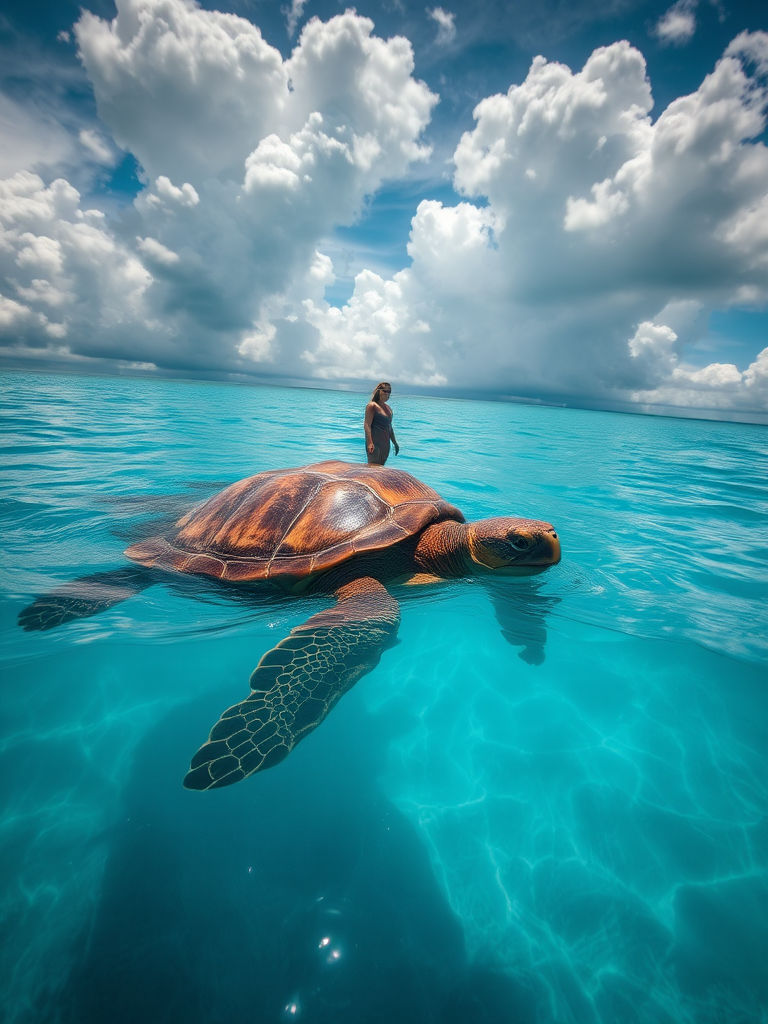 A giant tortoise swimming in clear blue water with a person standing on its back, dramatic clouds in the sky, shot with a Canon EOS 5D Mark IV, 50mm lens, f/8 aperture, ISO 100, HDR style, aerial view, vibrant colors.