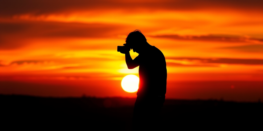 Create a high-resolution image of a silhouetted figure against a vibrant sunset, captured with a DSLR camera at f/8 aperture, 1/200 sec shutter speed, ISO 100, 50mm lens, in landscape orientation.