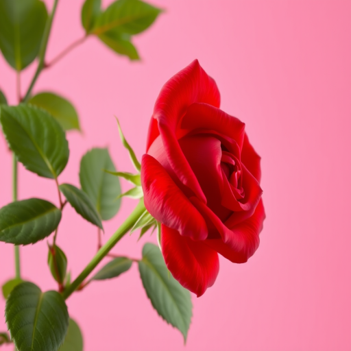 A vibrant red rose illustration with detailed petals and green leaves against a soft pink background, captured in a studio setting with a DSLR camera at f/2.8 aperture, ISO 100, 50mm lens, soft natural lighting for enhanced color contrast and sharpness.