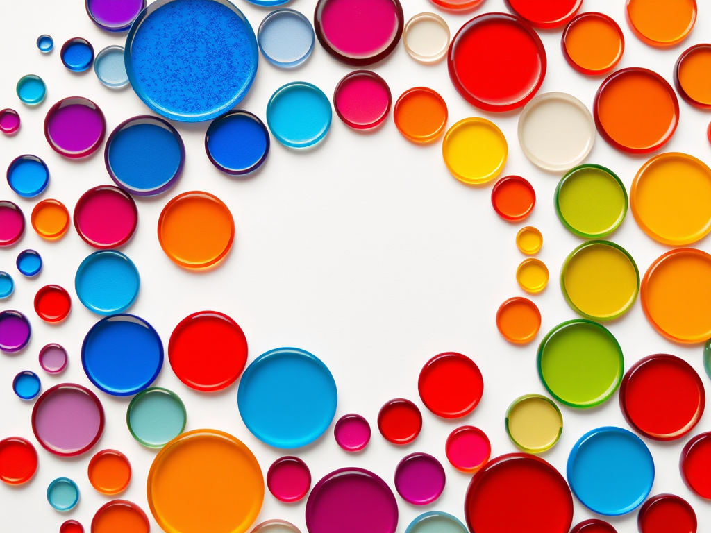 Create a vibrant circular pattern of varying sized circles in a spectrum of colors from blue to red on a white background, using a Canon EOS R5 with a 50mm lens at f/8, ISO 100, 1/125s exposure in macro photography style for high detail and clarity.
