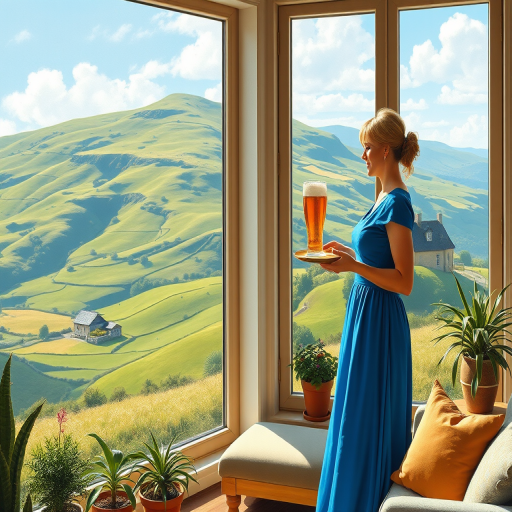 In "A Glass of Beer on the Highland," a serene scene is depicted in a sunlit room where a woman in a vibrant blue dress stands by a large window. She holds a tray with a hearty meal and a frothy glass of beer, embodying a moment of relaxation. Outside, the breathtaking highland landscape features rolling green hills and a charming traditional house, all bathed in warm afternoon light. The interior is adorned with potted plants, creating a harmonious blend of comfort and nature. The painting beautifully captures the tranquility and joy found in simple pleasures amidst stunning scenery